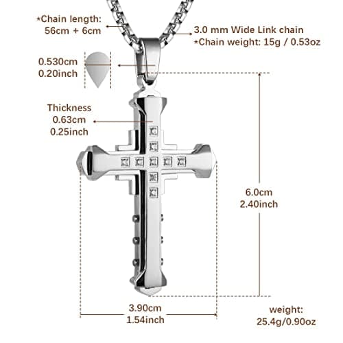 HZMAN Men's Large Byzantium Stainless Steel Cross Necklace Pendant 22+2 Inch Chain
