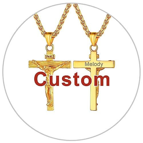 Antique U7 Men's Crucifix Necklace, 18K Gold Tone & Stainless Steel, 22" Chain, Gift Packed