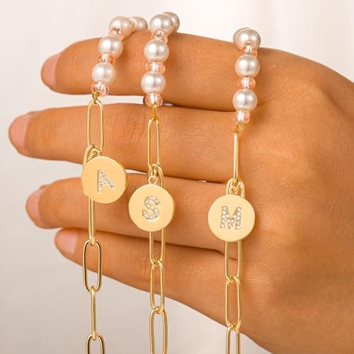 Turandoss Personalized Gold Initial Charm Pearl Bracelets for Girls & Teen Bridesmaids