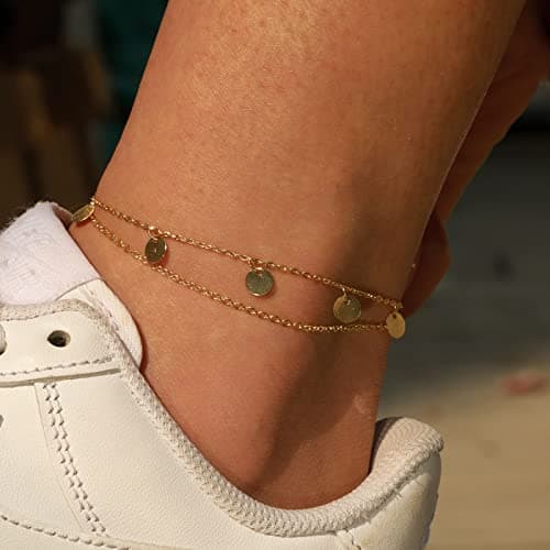 JECOMY 14K Gold Plated Silver Anklet with Pearl CZ Hearts