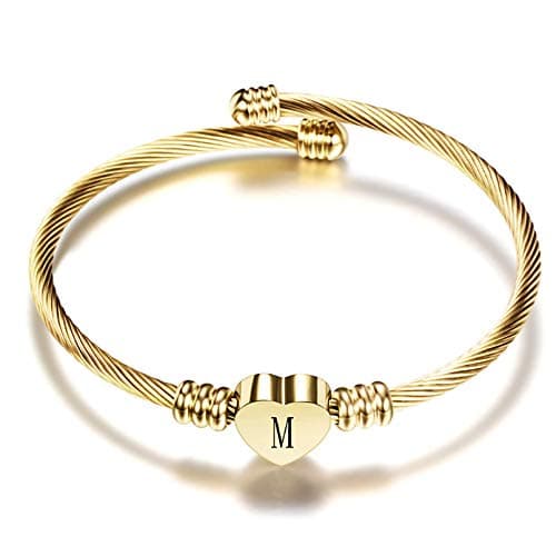 Women's Gold Plated Heart Initial C Bracelets Stainless Steel Birthday Jewelry