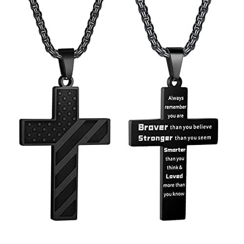 HattiDoris American Flag Cross Necklace for Men Stainless Steel Chain Inspirational Jewelry