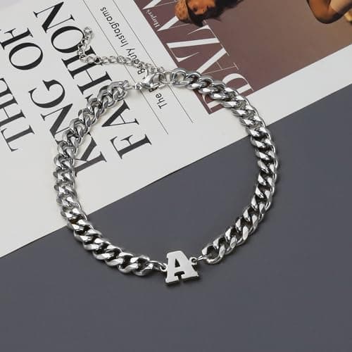 Stainless Steel Initial Bracelet for Men - Dainty Silver Cuban Link