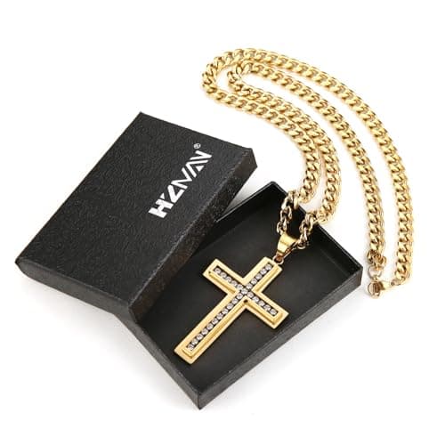 HZMAN Men's Stainless Steel Cross Necklace with CZ Inlay 7mm Cuban Chain 24 inches