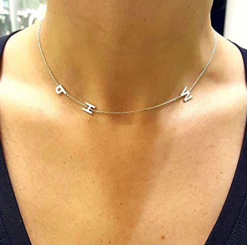 JEWEE 14k Gold Sideways Initial Solitaire Diamond Necklace, Personalized Birthstone Bridesmaid Gift