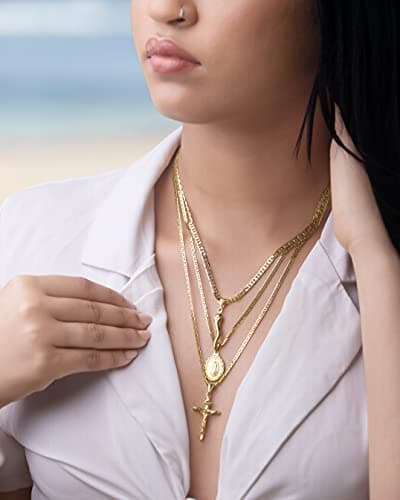 Barzel Cross Necklace 18K Gold Plated Flat Chain for Men & Women