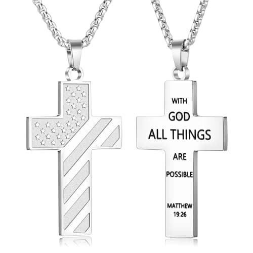 Fiusem American Flag Cross Chain Necklace, Stainless Steel for Men