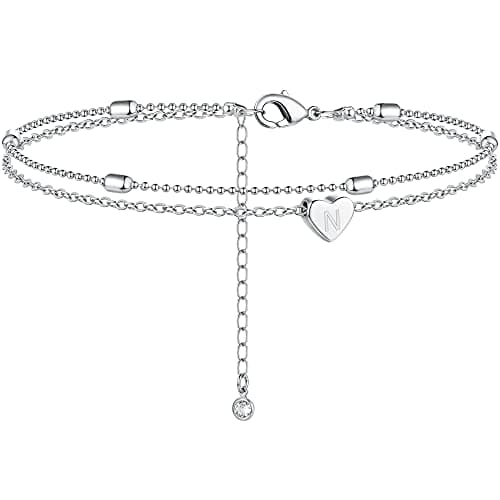 Moodear Silver Anklets for Women - Waterproof Layered Heart Charm Anklet