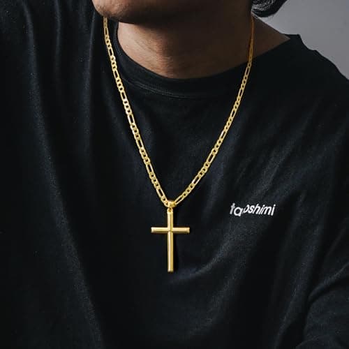 NICRET Gold Cross Necklace - Faithful Figaro Chain for Men