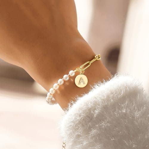 Turandoss Personalized Gold Initial Charm Pearl Bracelets for Girls & Teen Bridesmaids