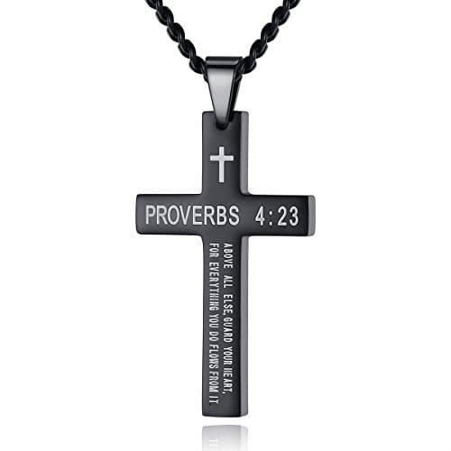 REVEMCN Inspirational Cross Necklace for Men, Black Stainless Steel Pendant Faith Gift