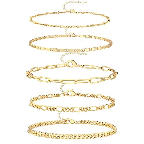 Gokeey 14k Gold Anklet Set for Women - Waterproof Cuban Figaro Chain Jewelry - Adjustable Size - Ideal Gift