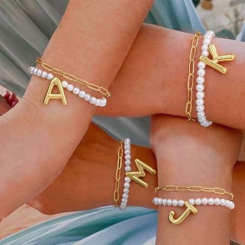 Turandoss Pearl Bubble Initial Bracelets for Women