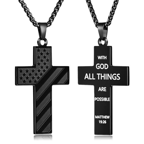 Fiusem American Flag Cross Chain Necklace, Stainless Steel for Men