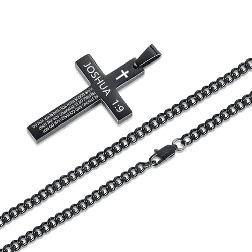 Stainless Steel Cross Necklace for Men, Black Silver Pendant, Inspirational Bible Verse Gift