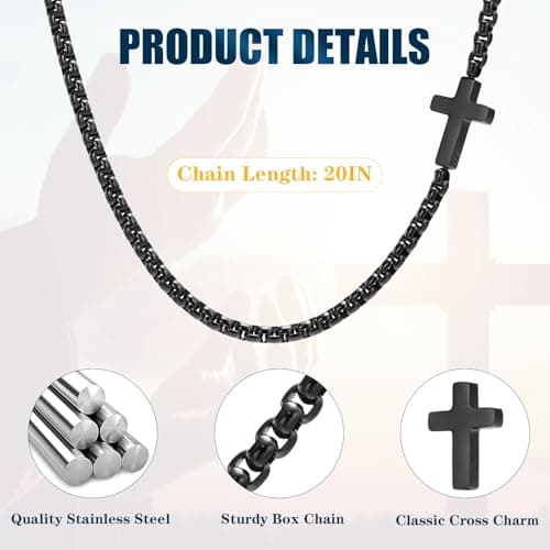 FLHEART Stainless Steel Mens Cross Necklace, Silver/Black Box Chain, 20"/22"