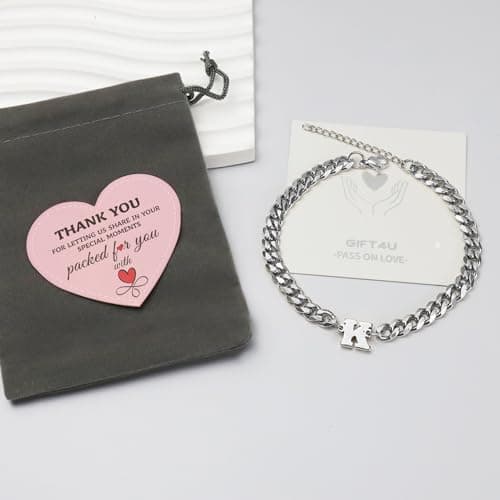 Stainless Steel Initial Bracelet for Men - Dainty Silver Cuban Link