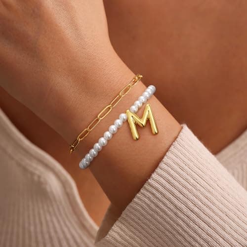 Turandoss Pearl Bubble Initial Bracelets for Women