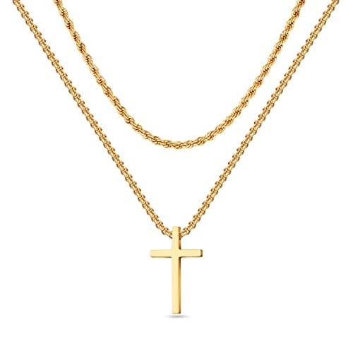 EnglishIVER Men's Gold Silver Black Stainless Steel Cross Necklace with Layered Rope Chain 16-24 Inch
