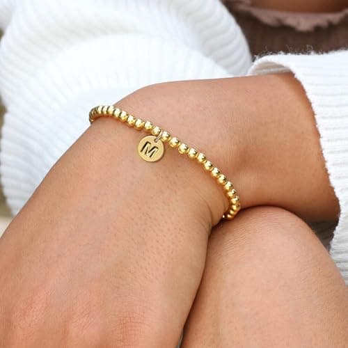 BAYLAY 14K Gold Plated Beaded Letter Bracelet for Women