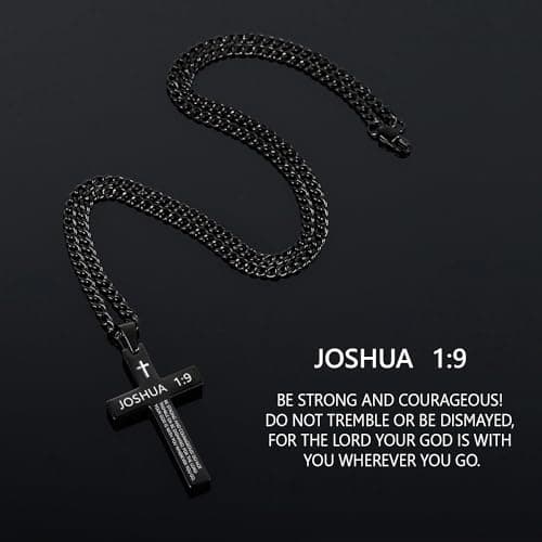 Stainless Steel Cross Necklace for Men, Black Silver Pendant, Inspirational Bible Verse Gift