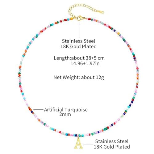 VLIEGEN 18K Gold Plated Colorful Beaded Initial Choker Necklace Boho Gift for Women