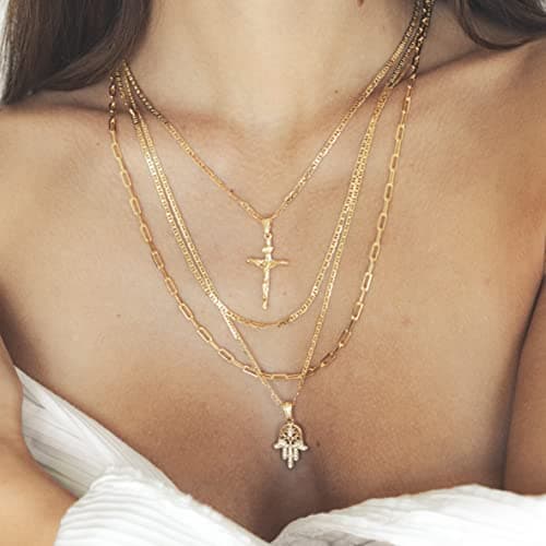 Barzel Cross Necklace 18K Gold Plated Flat Chain for Men & Women