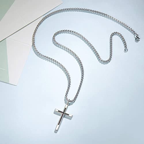 FANCIME Black Cross Sterling Silver PendantLong NecklaceFine Jewelry Stainless Steel Box Chain 24"