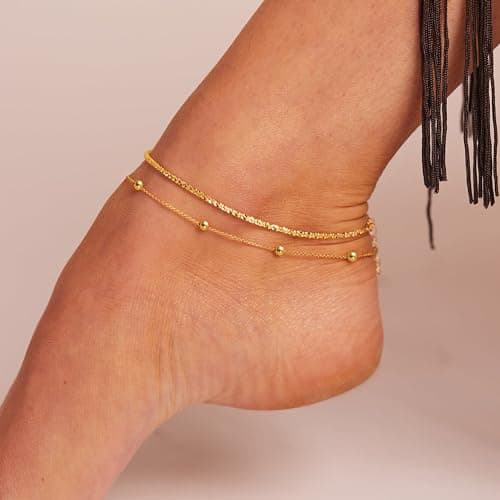 Freekiss Sterling Silver Layered Waterproof Anklet for women Adjustable Beaded Cuban Link Jewelry