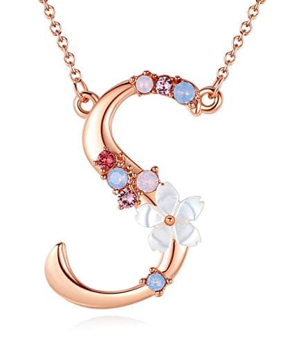 GEMMANCE Pink Red Blue Simulated Pearl Pendant Initial Letter Necklace Rose Gold Plated Anniversary Gifts for Women