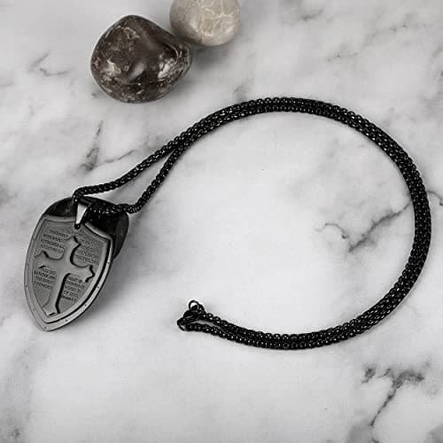 Stainless Steel Shield Armor of God Cross Pendant Necklace Black Silver 24" Chain