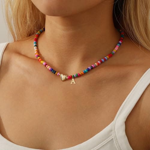 Colorful Beaded Charm Alphabet Choker Necklace for Women and Girls | Bohemian Gold Plated Heart Pendant