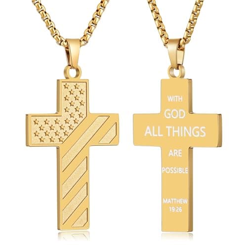 Fiusem American Flag Cross Chain Necklace, Stainless Steel for Men