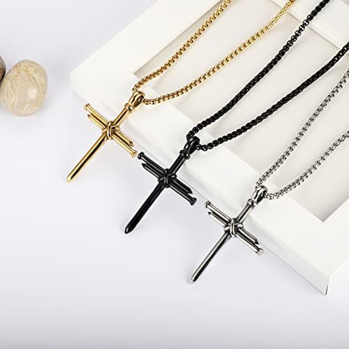 HattiDoris Men's Stainless Steel 24inch 3 Nail Jesus Cross Pendant Necklace Christian Gift
