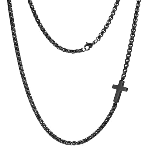 FLHEART Stainless Steel Mens Cross Necklace, Silver/Black Box Chain, 20"/22"