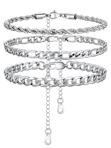 Stainless Steel Cuban Link Anklet Sets for Women, Adjustable 8.5"-10.5"