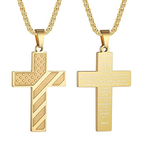 HattiDoris American Flag Cross Necklace for Men Stainless Steel Chain Inspirational Jewelry