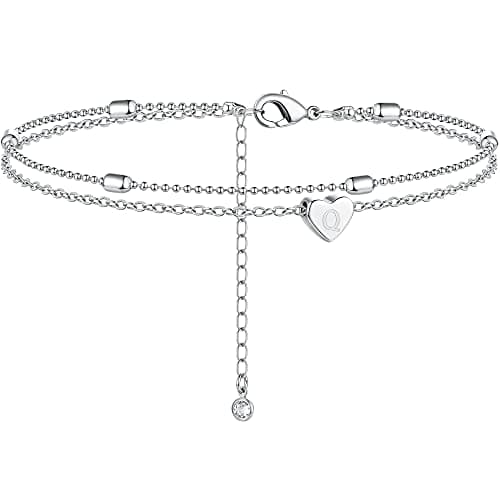 Moodear Silver Anklets for Women - Waterproof Layered Heart Charm Anklet