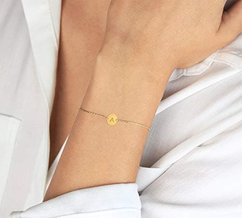 Glimmerst Personalized Gold Plated Stainless Steel Initial Disc Charm Bracelet for Women