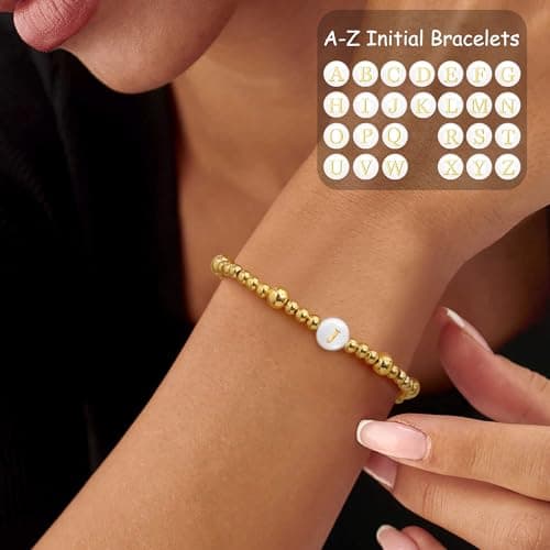 14K Gold Plated Initial Beaded Bracelet for Women and Teen Girls