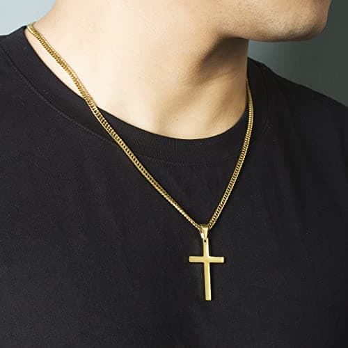 Men's Silver Gold Stainless Steel Plain Cross Pendant Necklace Cuban Chain 18-26 Inch