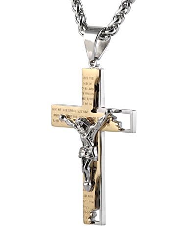 HZMAN Men's Stainless Steel Cross Crucifix Prayer Pendant Necklace 22+2" Chain