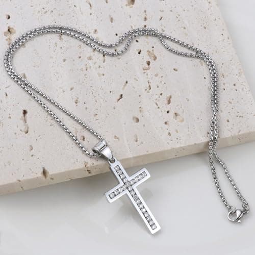 VI-FA Men's Cross Necklace with Pave CZ Pendant & 22-Inch Box Chain