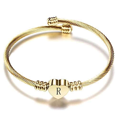 Women's Gold Plated Heart Initial C Bracelets Stainless Steel Birthday Jewelry