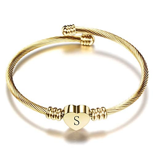 Women's Gold Plated Heart Initial C Bracelets Stainless Steel Birthday Jewelry