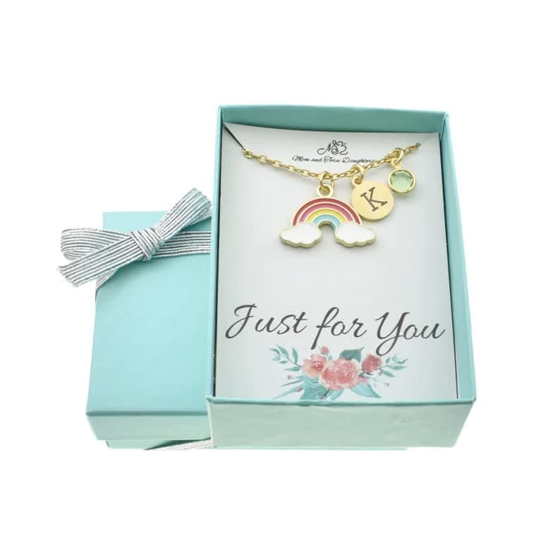 MOM & THREE DAUGHTERS Personalized Rainbow Charm Necklace with Birthstone