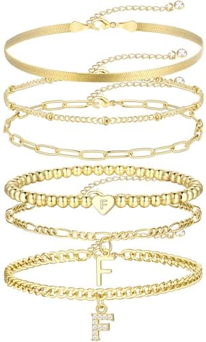 14K Gold Plated Initial Bracelet Set, Dainty & Stackable for Women