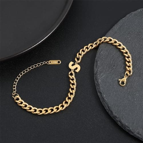Jwicklirrng Men's 18K Gold Plated Letter Charm Bracelet A-ZAdjustable Cuban Chain for Boyfriend or Father