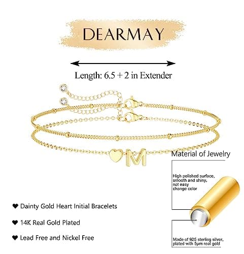 DearMay Dainty Heart Initial Gold Bracelets for Women Trendy 14K Real Gold Jewelry