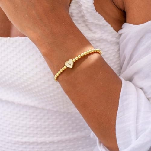 Thaivor Women's Dainty Heart Initial Charm Stretch Beaded Bracelet